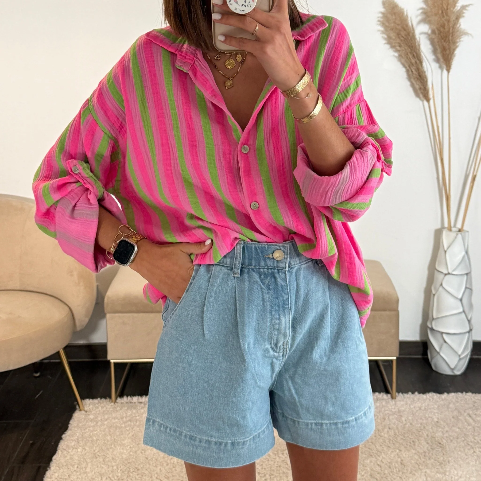 CHEMISE GAZE DE COTON RAYE VERT ET ROSE
