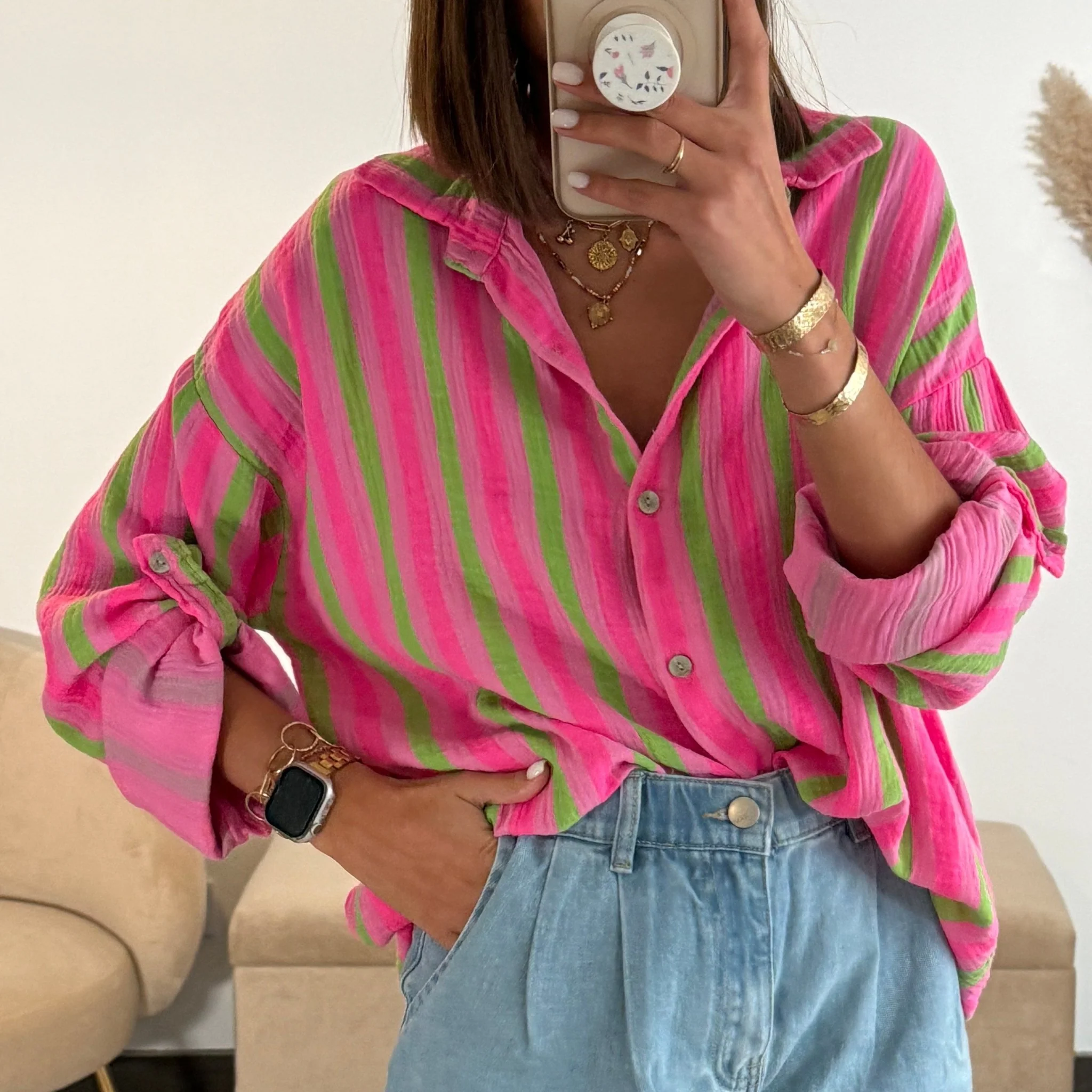 CHEMISE GAZE DE COTON RAYE VERT ET ROSE - Image 2
