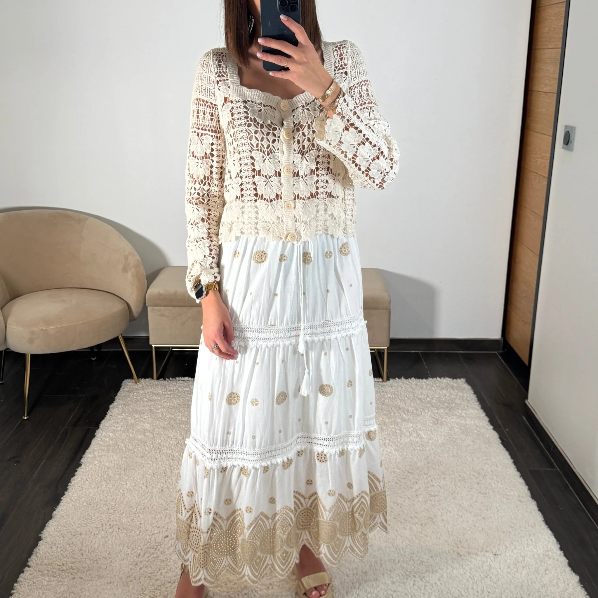 JUPE LONGUE BLANC/DORE DAHLIA
