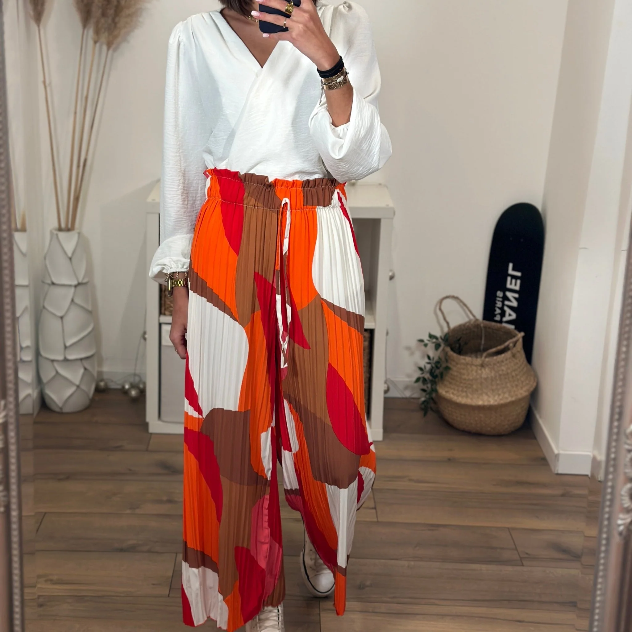 PANTALON PLISSE ORANGE ET CAMEL NELLY