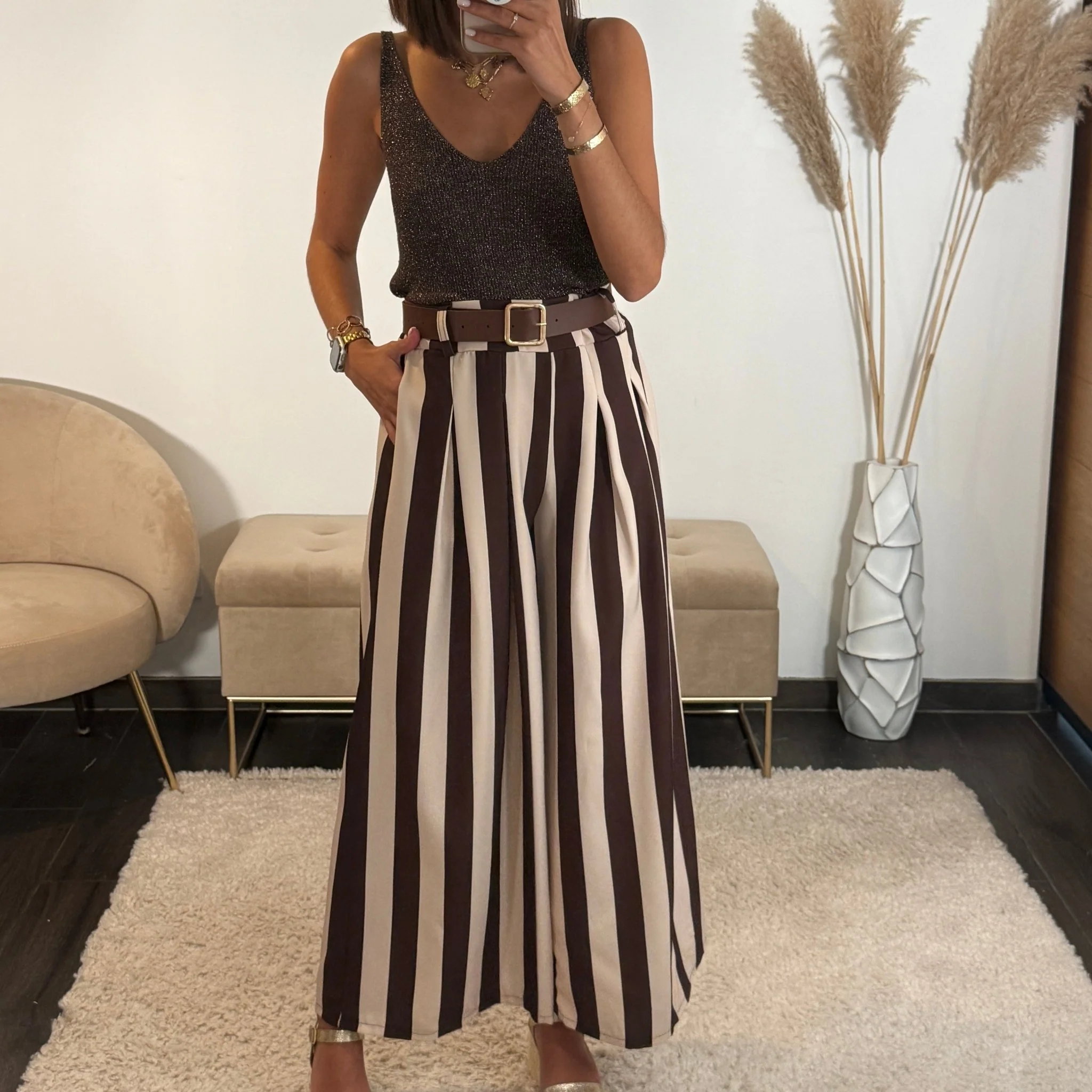 PANTALON RAYE BEIGE ET MARRON + CEINTURE - Image 2