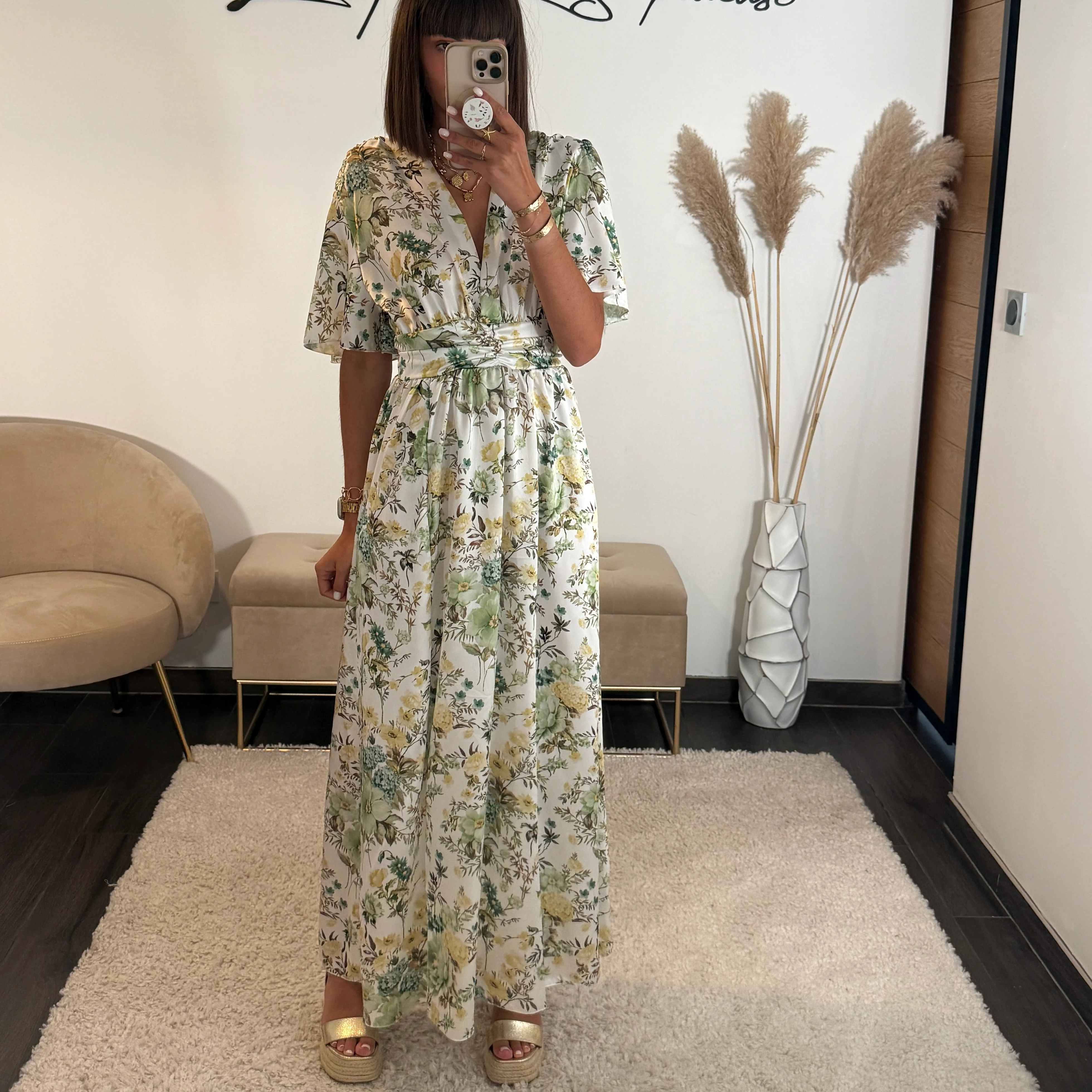 ROBE BLANCHE FLEURIE VERT ALMA