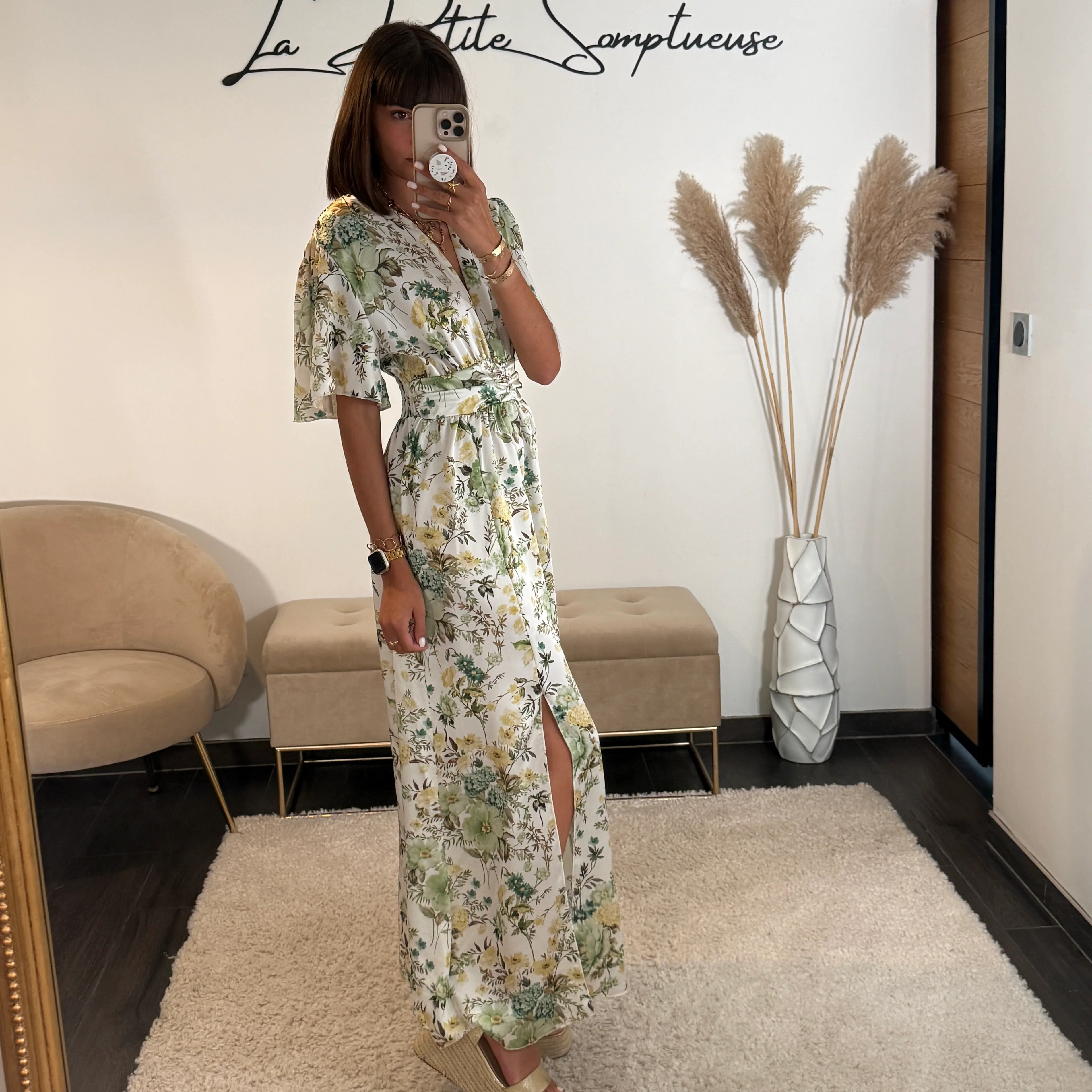 ROBE BLANCHE FLEURIE VERT ALMA - Image 2