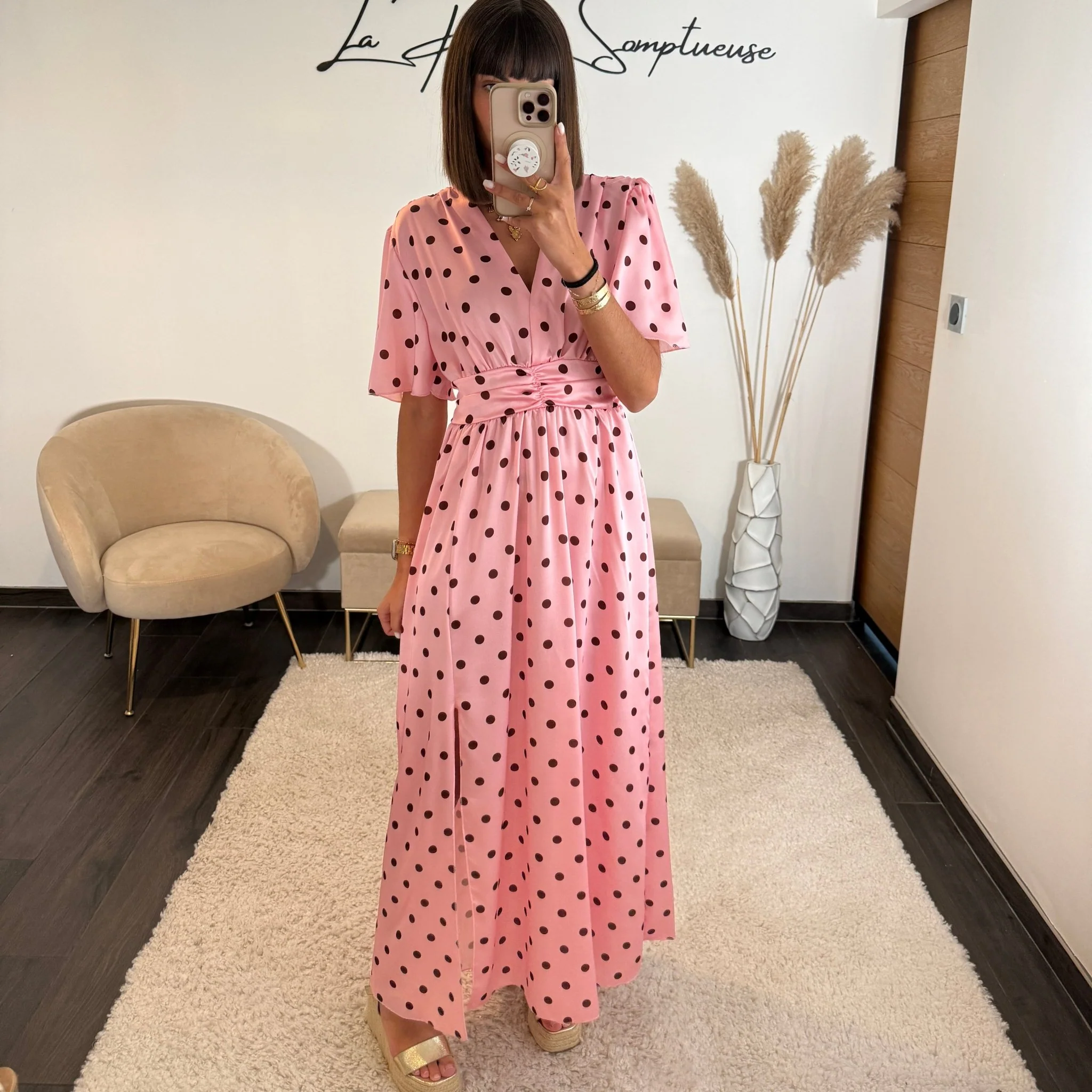 ROBE SATIN POIS ROSE ALMA