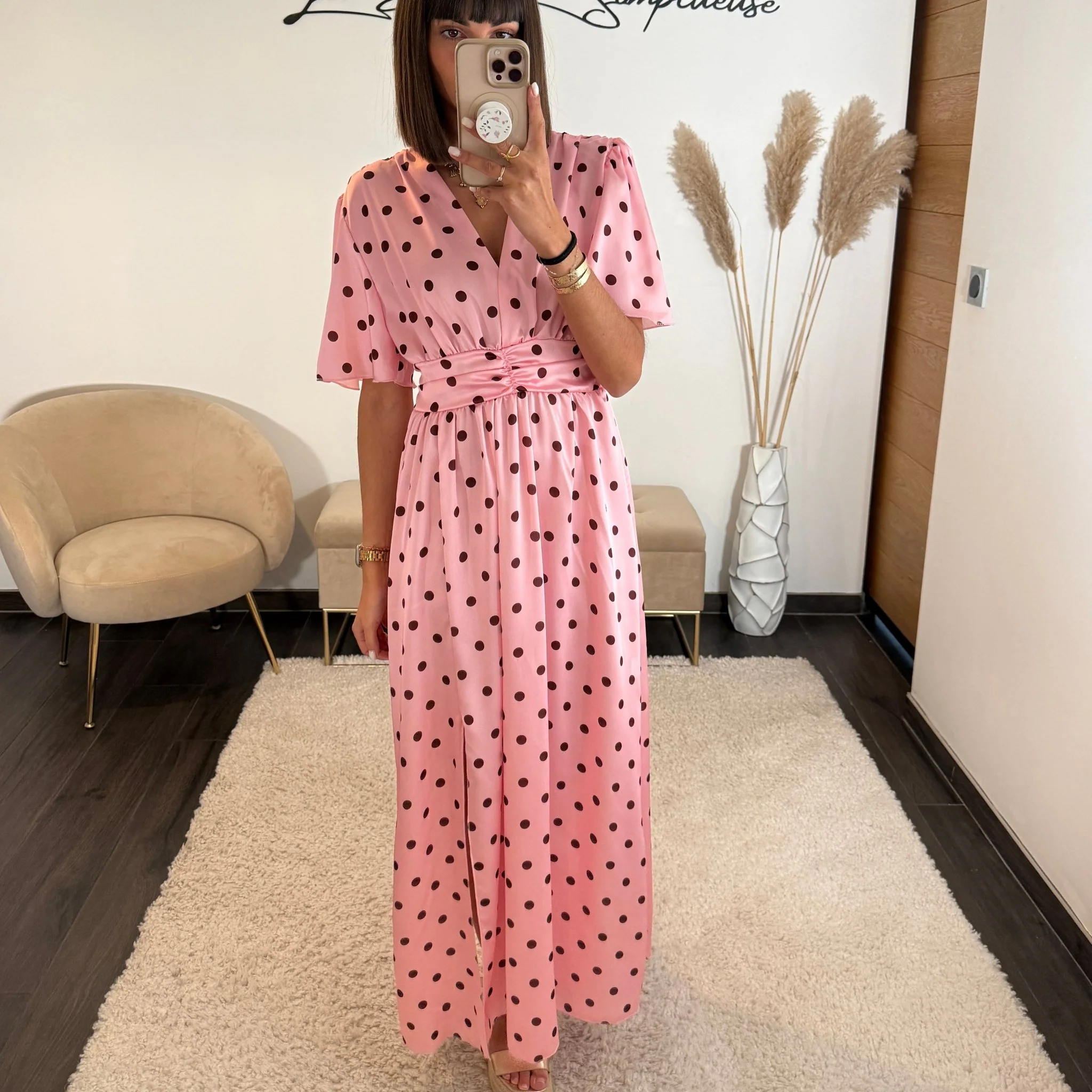 ROBE SATIN POIS ROSE ALMA - Image 2