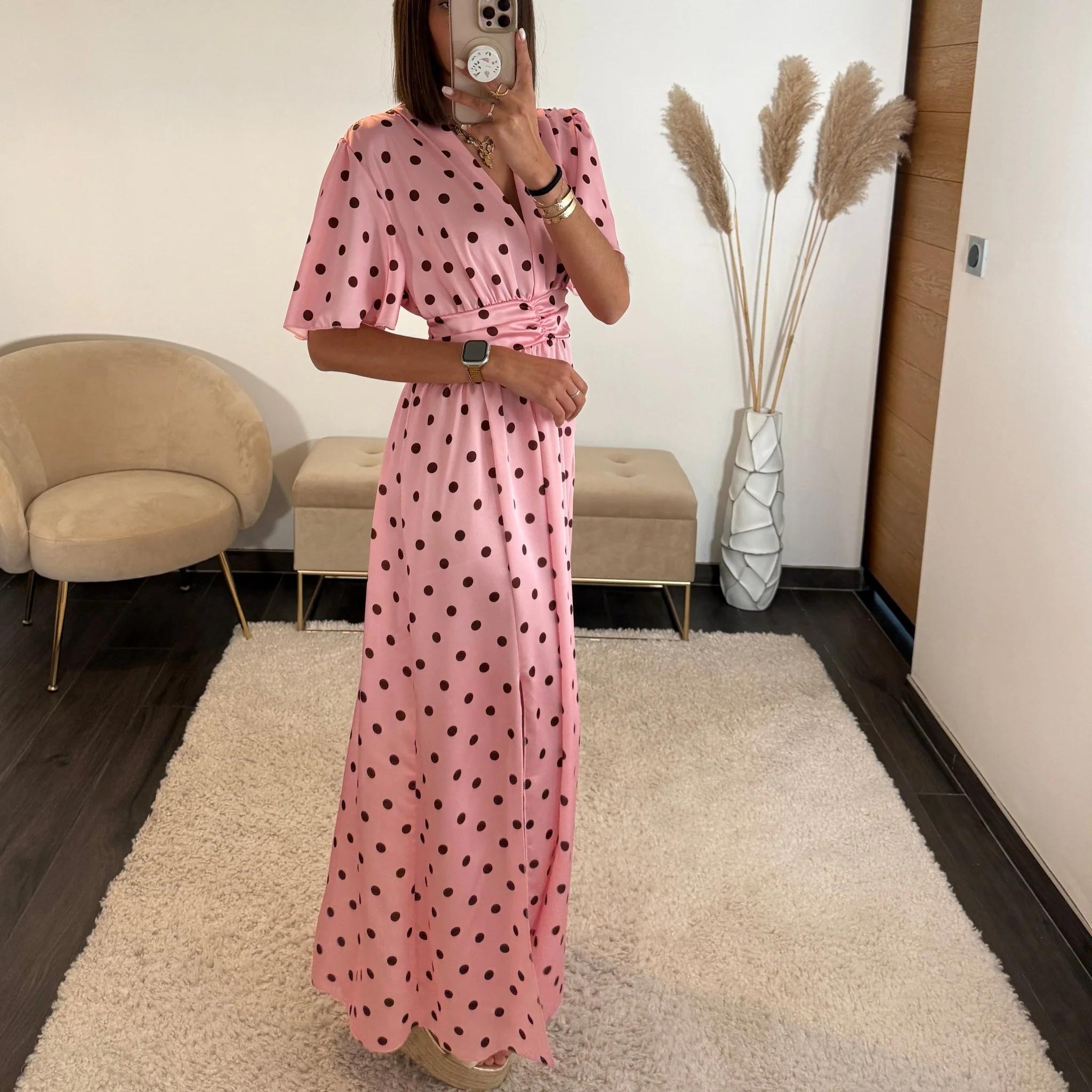 ROBE SATIN POIS ROSE ALMA - Image 3