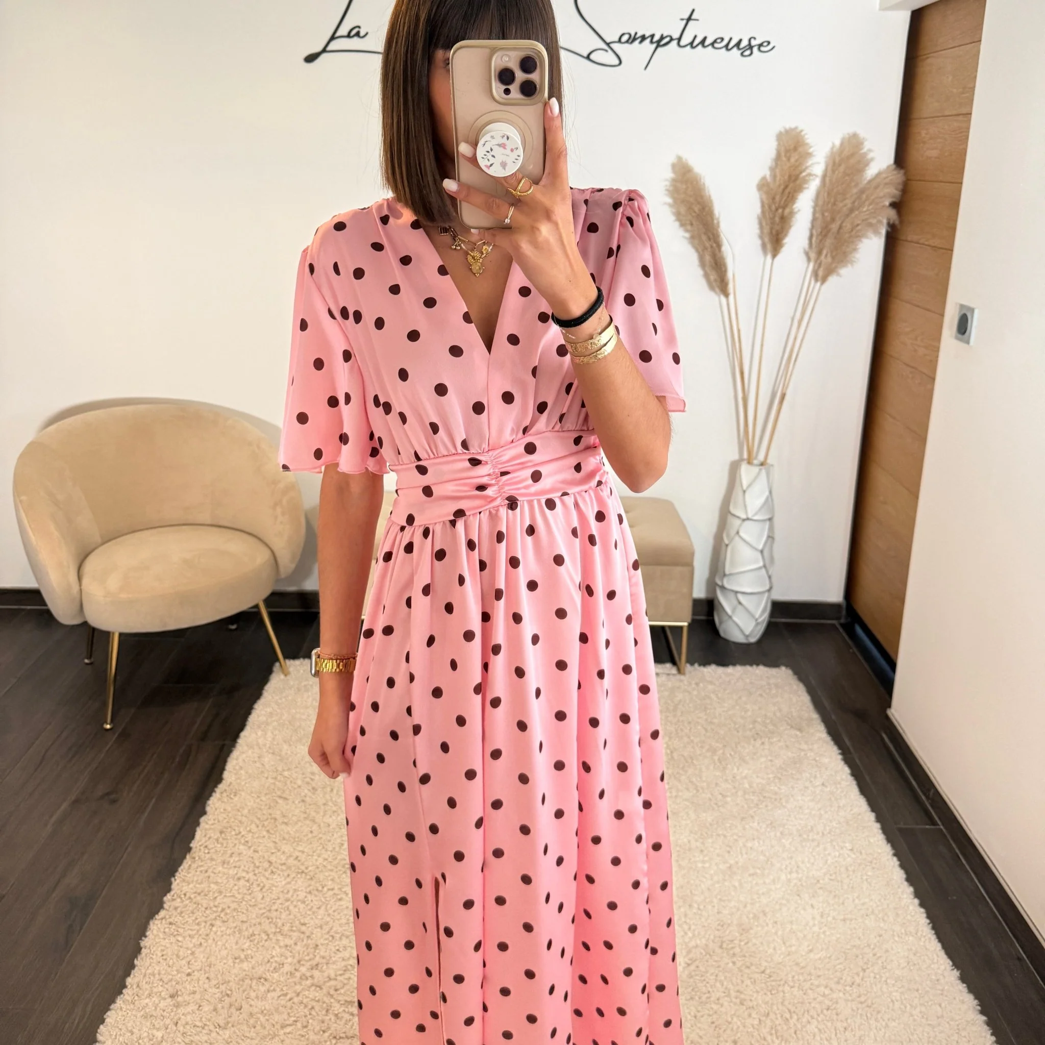 ROBE SATIN POIS ROSE ALMA - Image 4