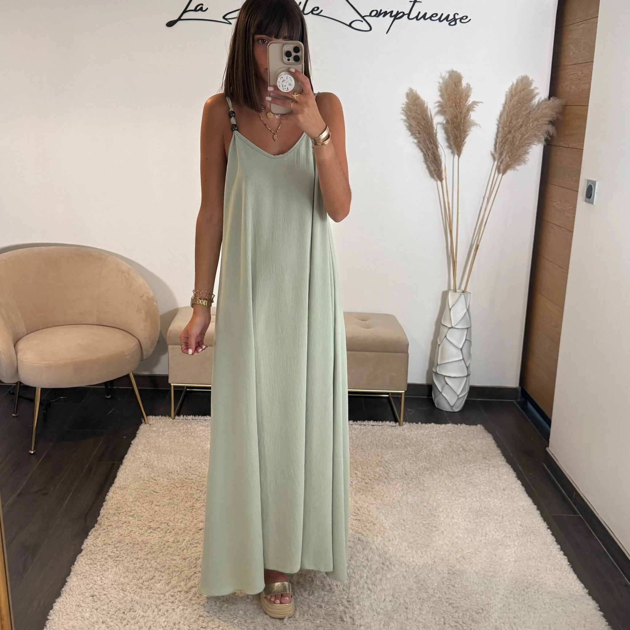 ROBE VERT D'EAU PERLES