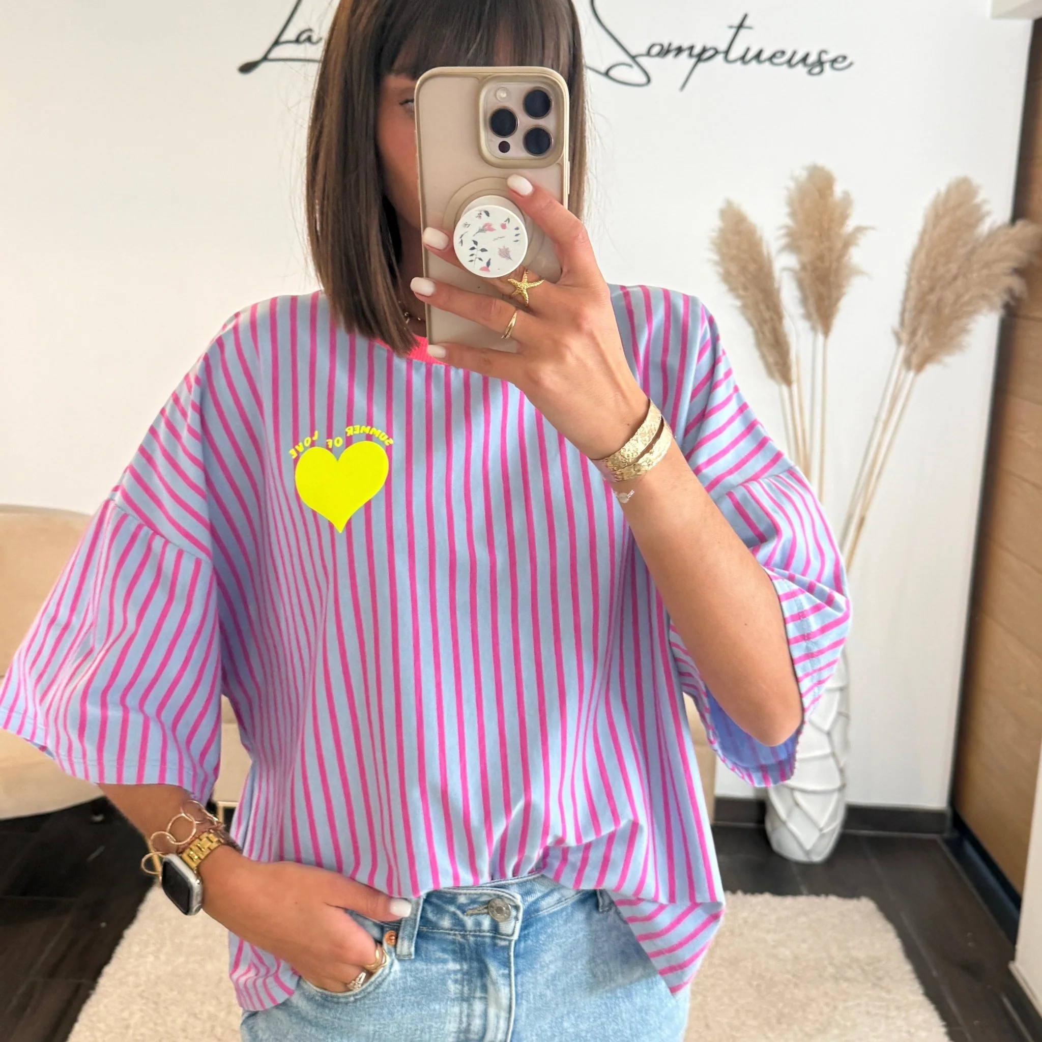 T-SHIRT RAYE VIOLET COEUR JAUNE