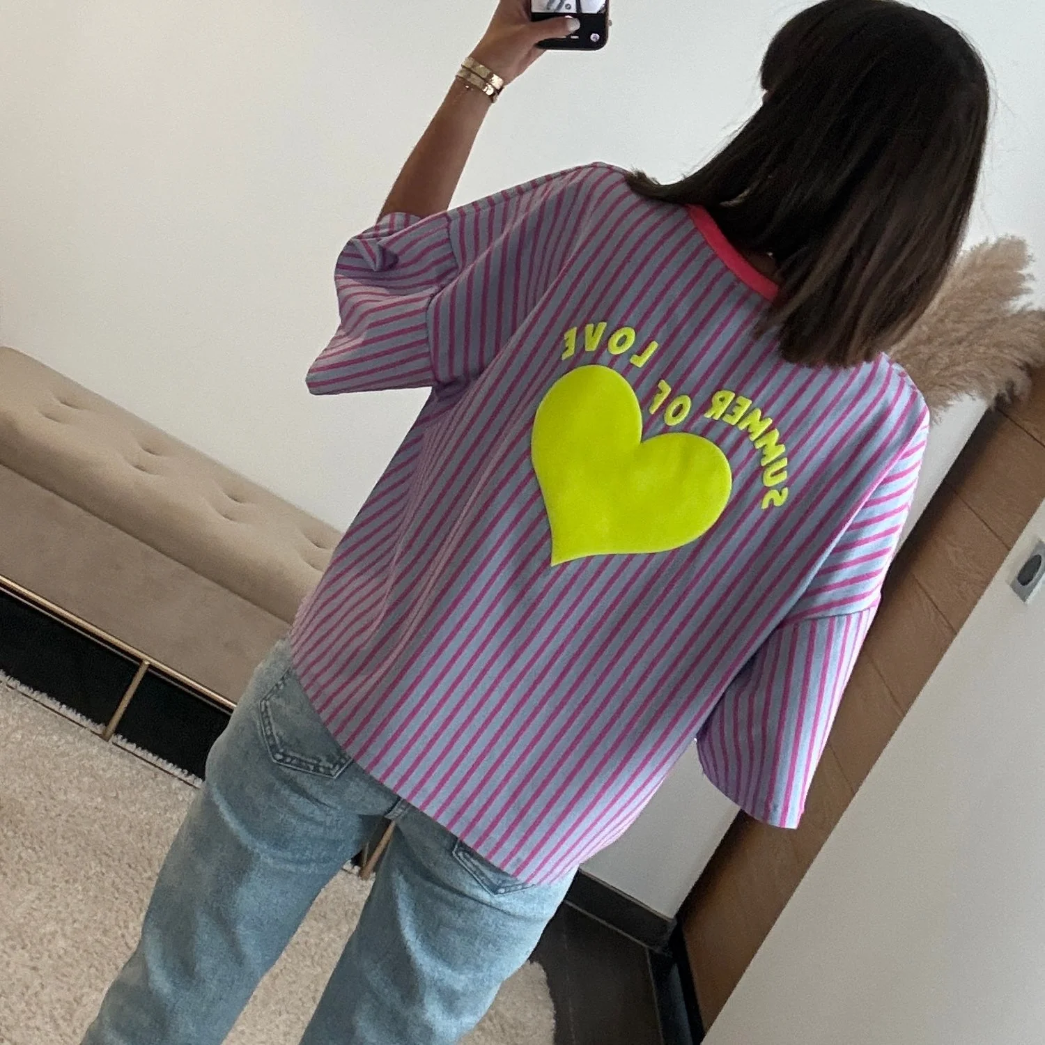 T-SHIRT RAYE VIOLET COEUR JAUNE - Image 3